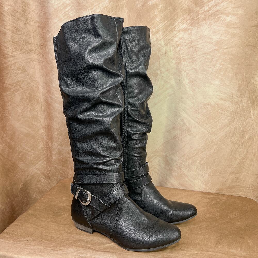 Fergie Knee High Slouch Riding Boots Black Faux Leather Strappy Buckle Euro Y2K